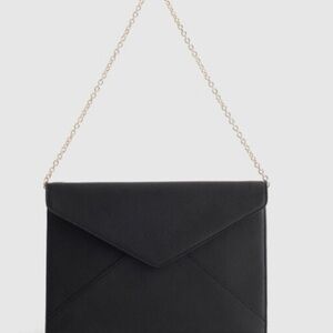 Quince Italian Saffiano Leather Envelope Clutch Black with Optional Gold Chain